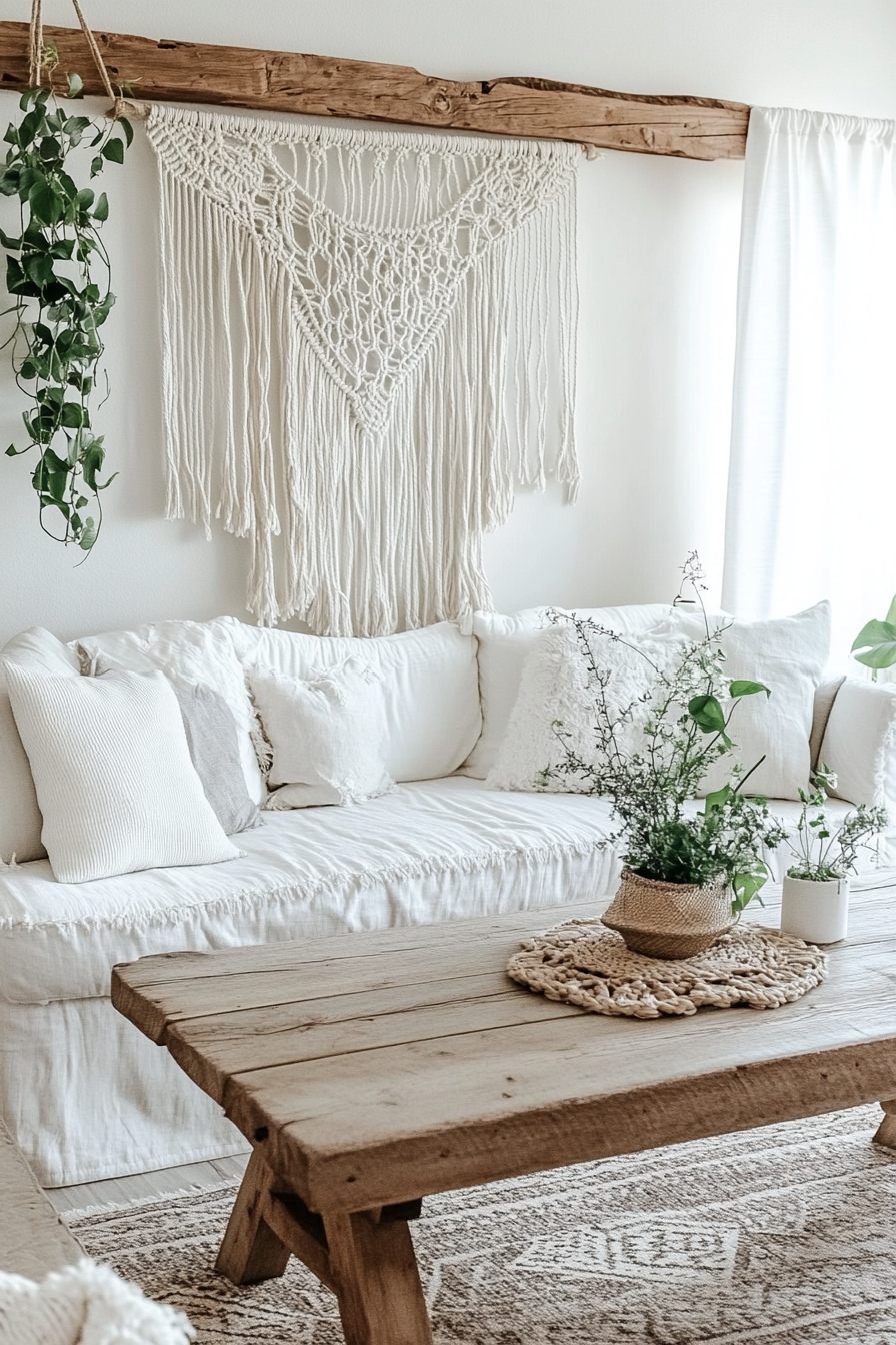 Boho-Farmhouse Living Space. Whitewashed wooden tables with macrame wall hangings.