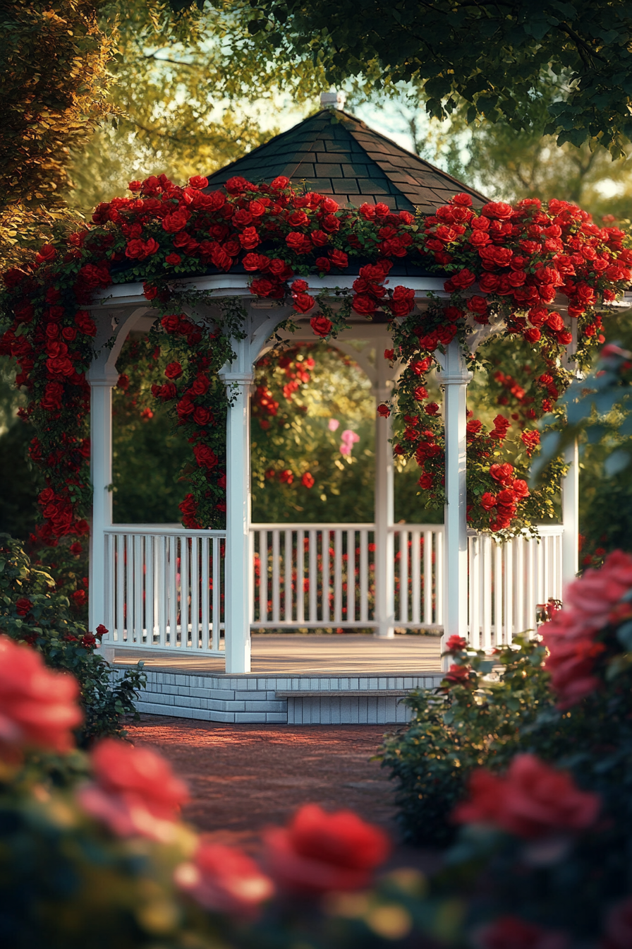 Backyard garden retreat. White gazebo entwined with crimson climbing roses.