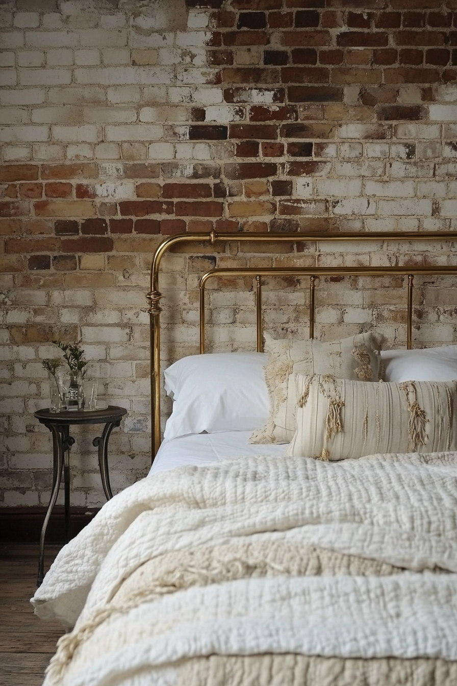 Industrial bedroom. Antique brass bed against exposed brick wall.