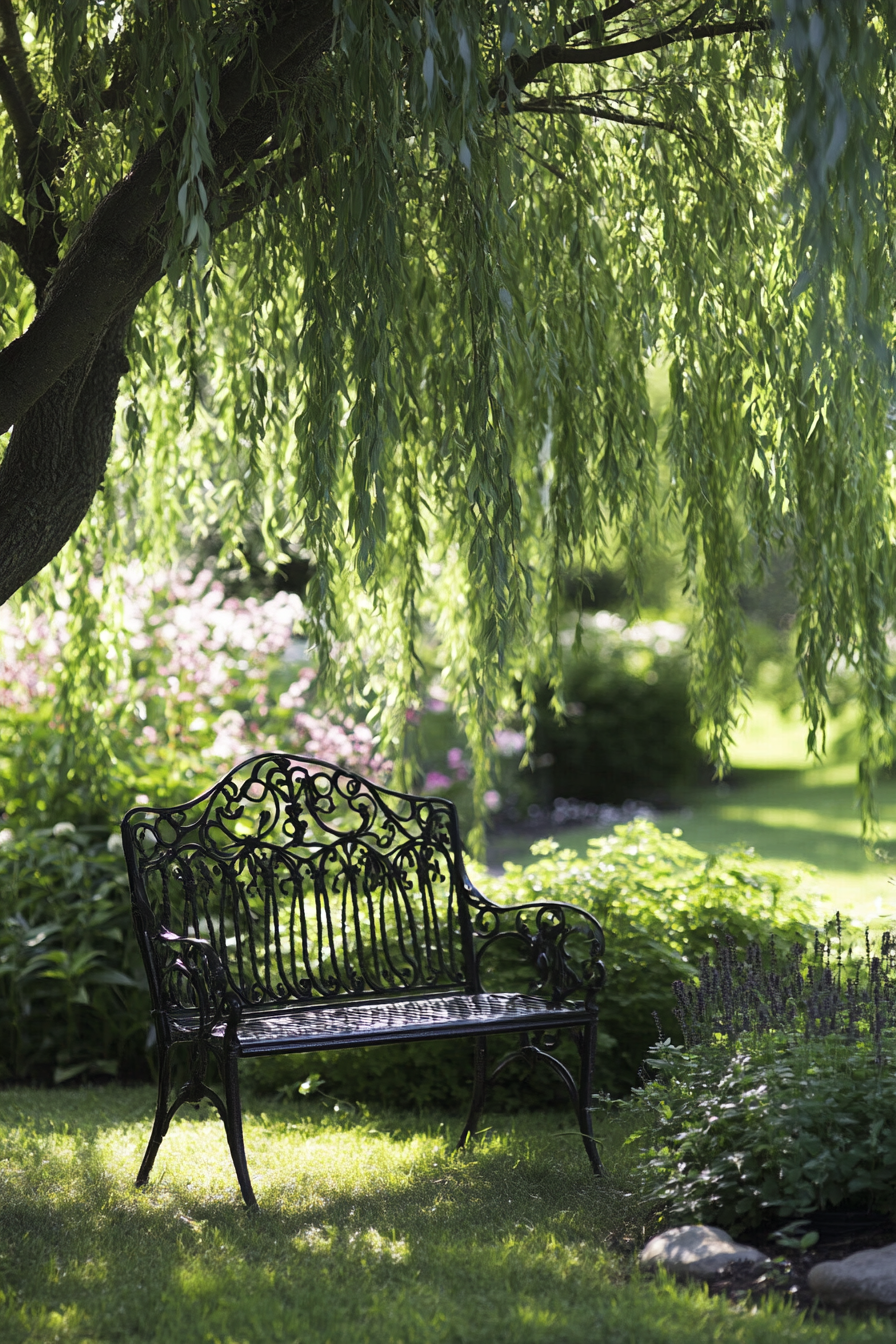 Backyard garden retreat. Delicate, wrought iron chair beneath a weeping willow.