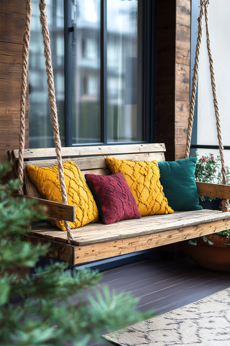 Front porch design. Wooden swing with colorful throw pillows.