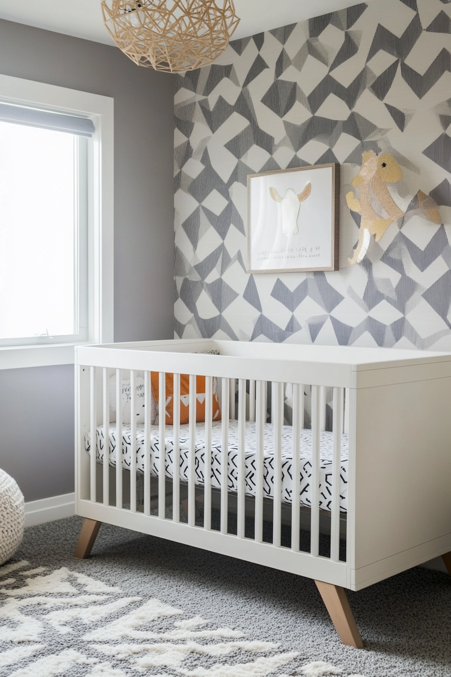 Contemporary baby room. Grey walls with geometric pattern and white wooden crib.