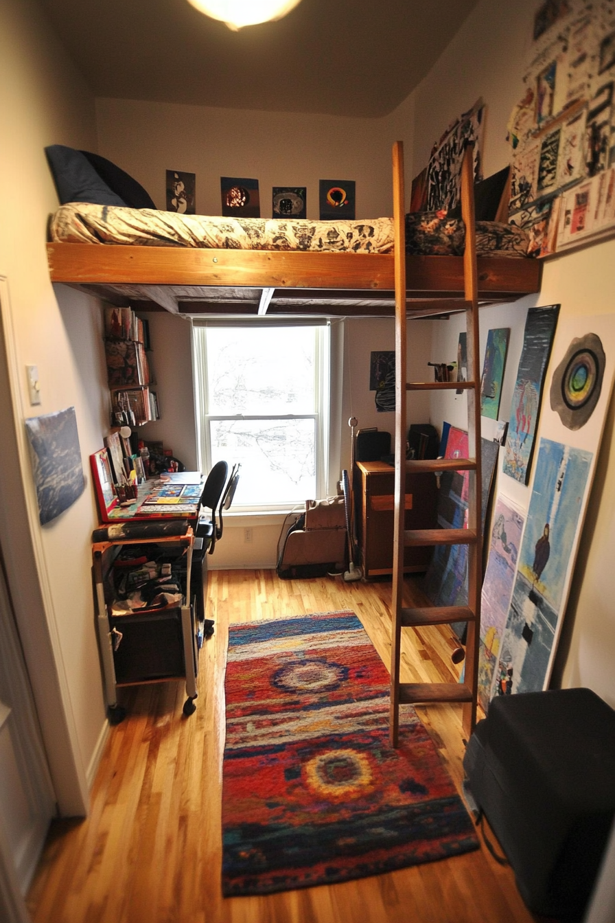 Bedroom design. Single loft bed over a creative art station.