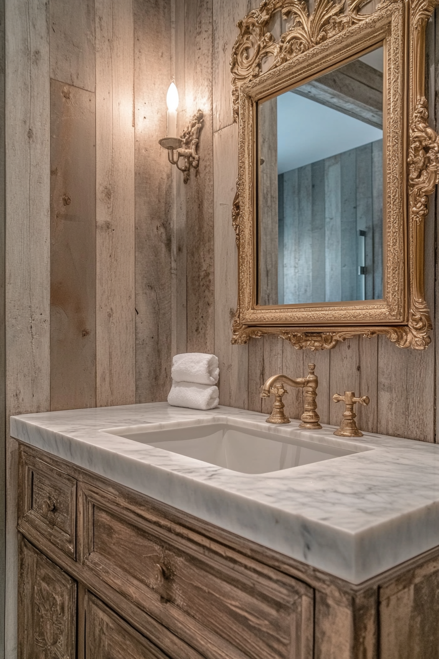 Glam-Rustic bathroom. Distressed wood vanity with ornate gold mirror.