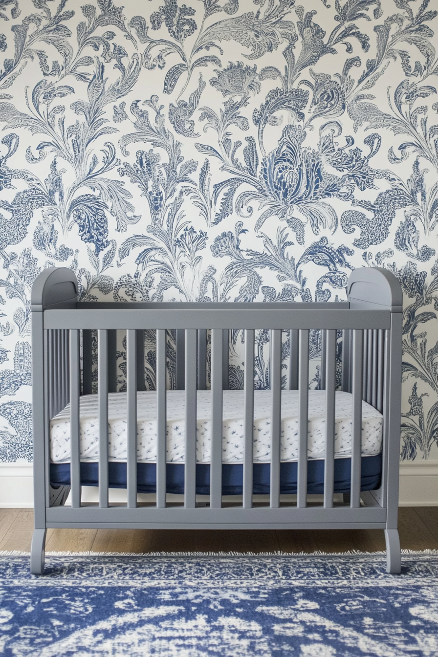 Contemporary baby room. Grey crib with patterned blue and white wallpaper.