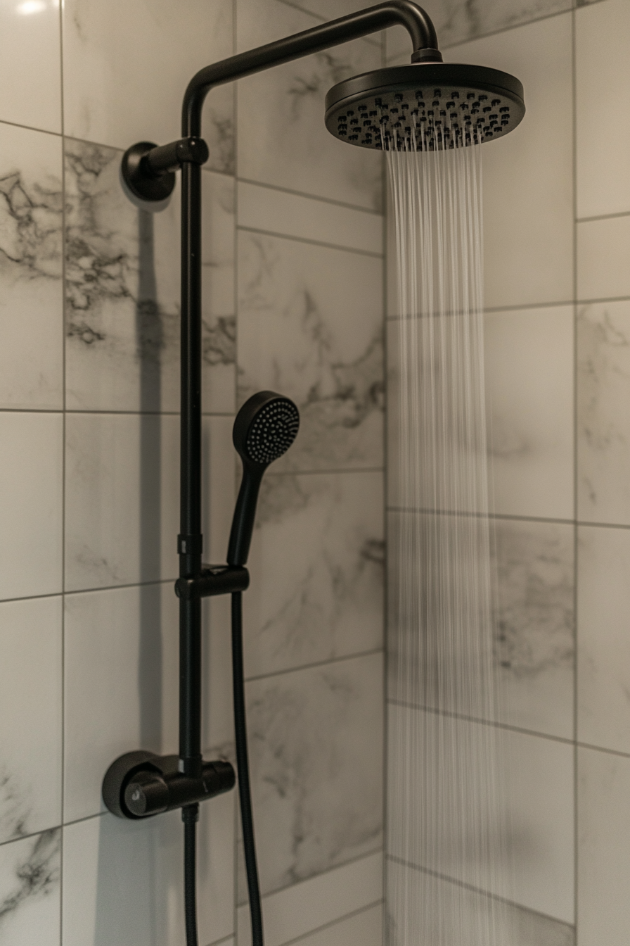 Modern bathroom update. Matte black fixtures with marble tiles.