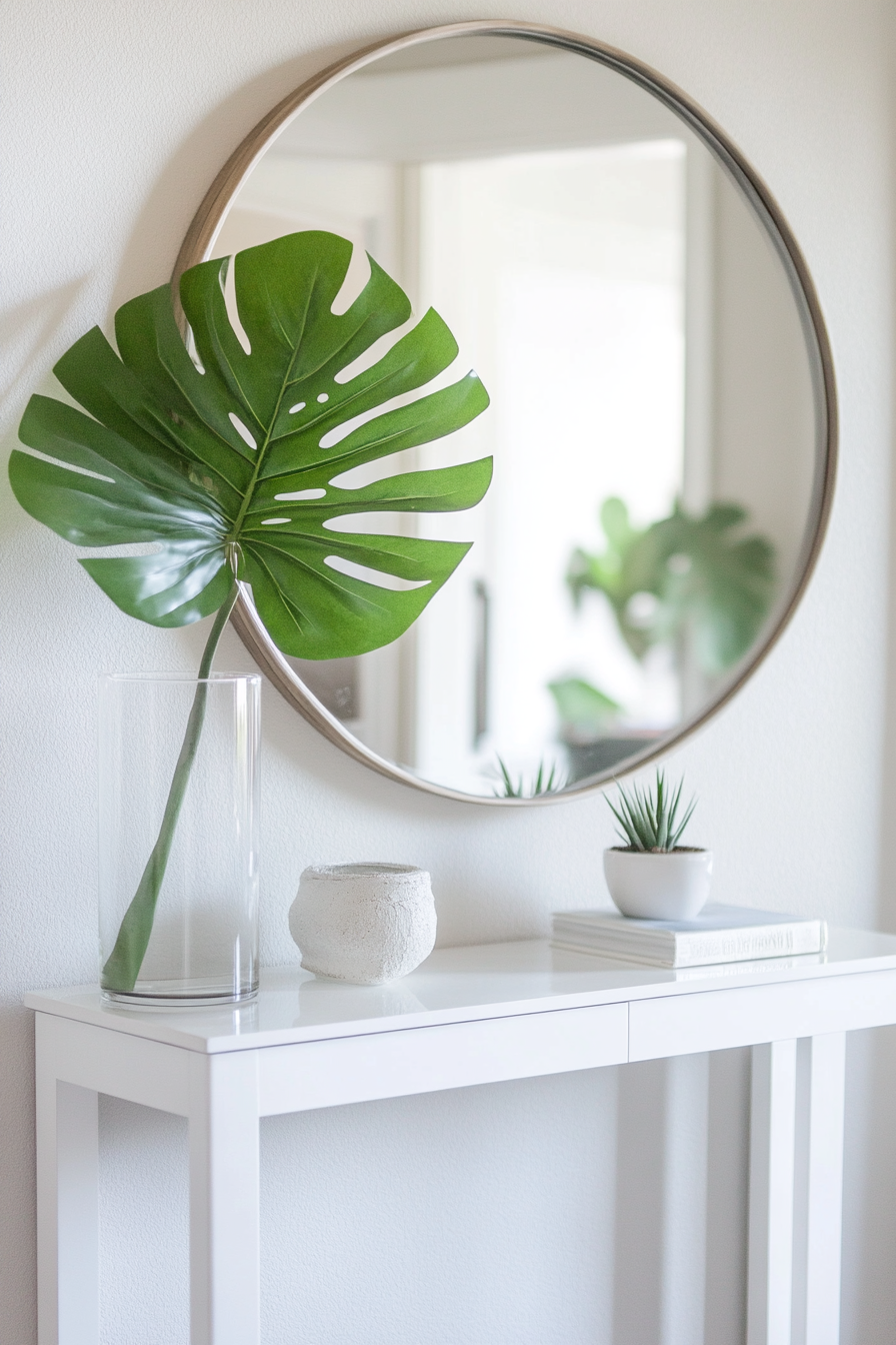 Entryway design. Oversized round mirror, white side table, single monstera leaf in a glass vase.