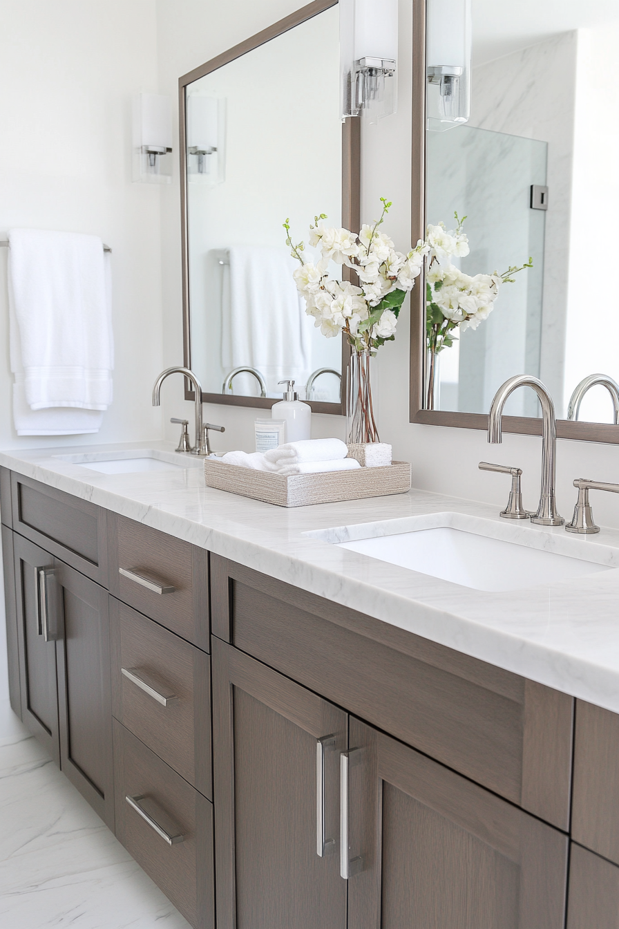 Modern bathroom update. Double vanity with marble countertop