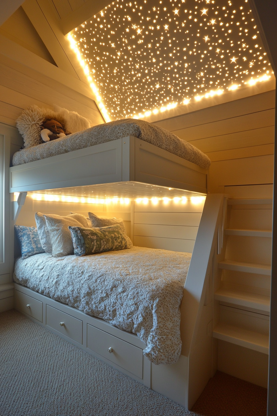 Bedroom design. Loft bed with built-in glowing star wall art.