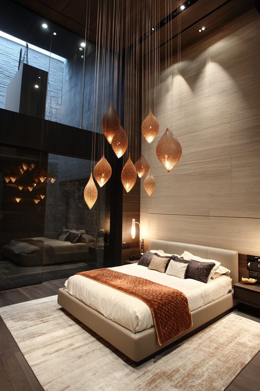 Bedroom design. High ceiling with hanging leaf-shaped light fixtures.