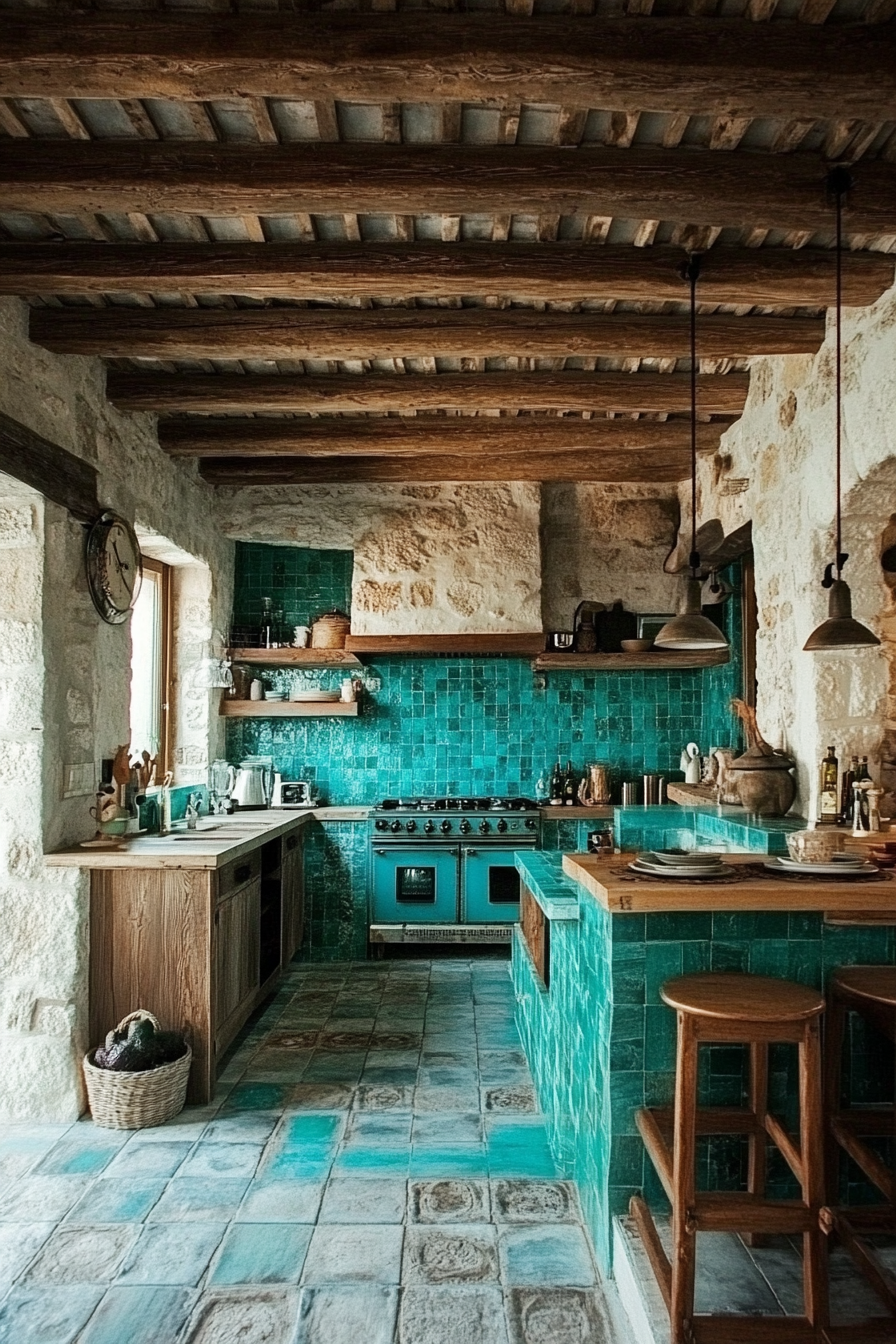 Bohemian style kitchen. Turquoise tiles with exposed wooden beams.