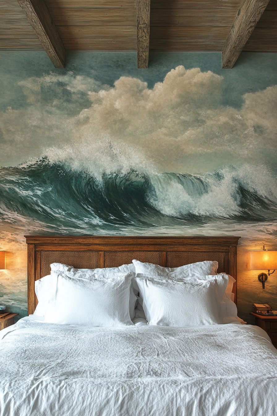 Bedroom design. Artistic mural of cresting ocean waves on one wall.