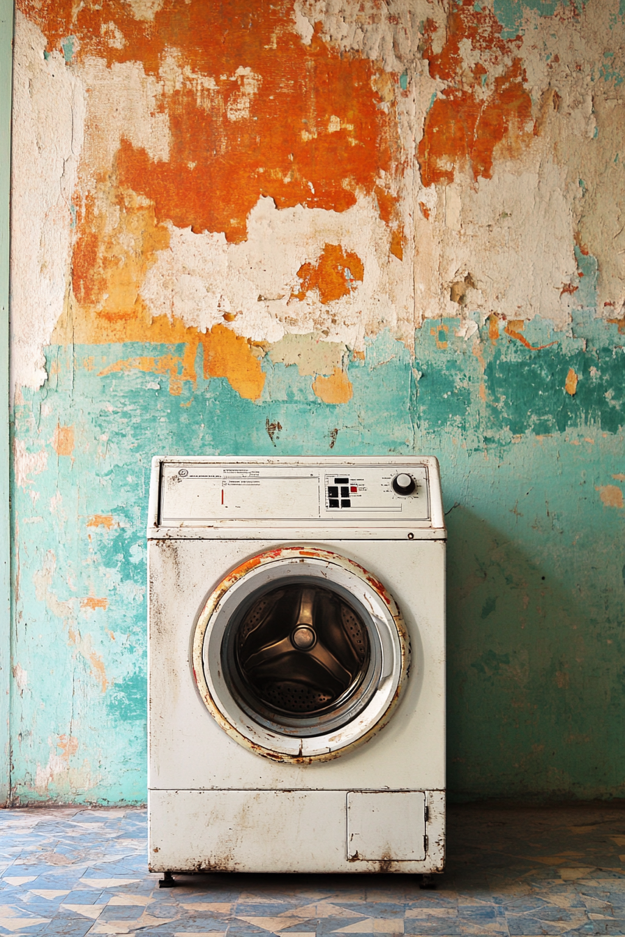 Laundry Room. Vintage washing machine against vibrant distressed wall.