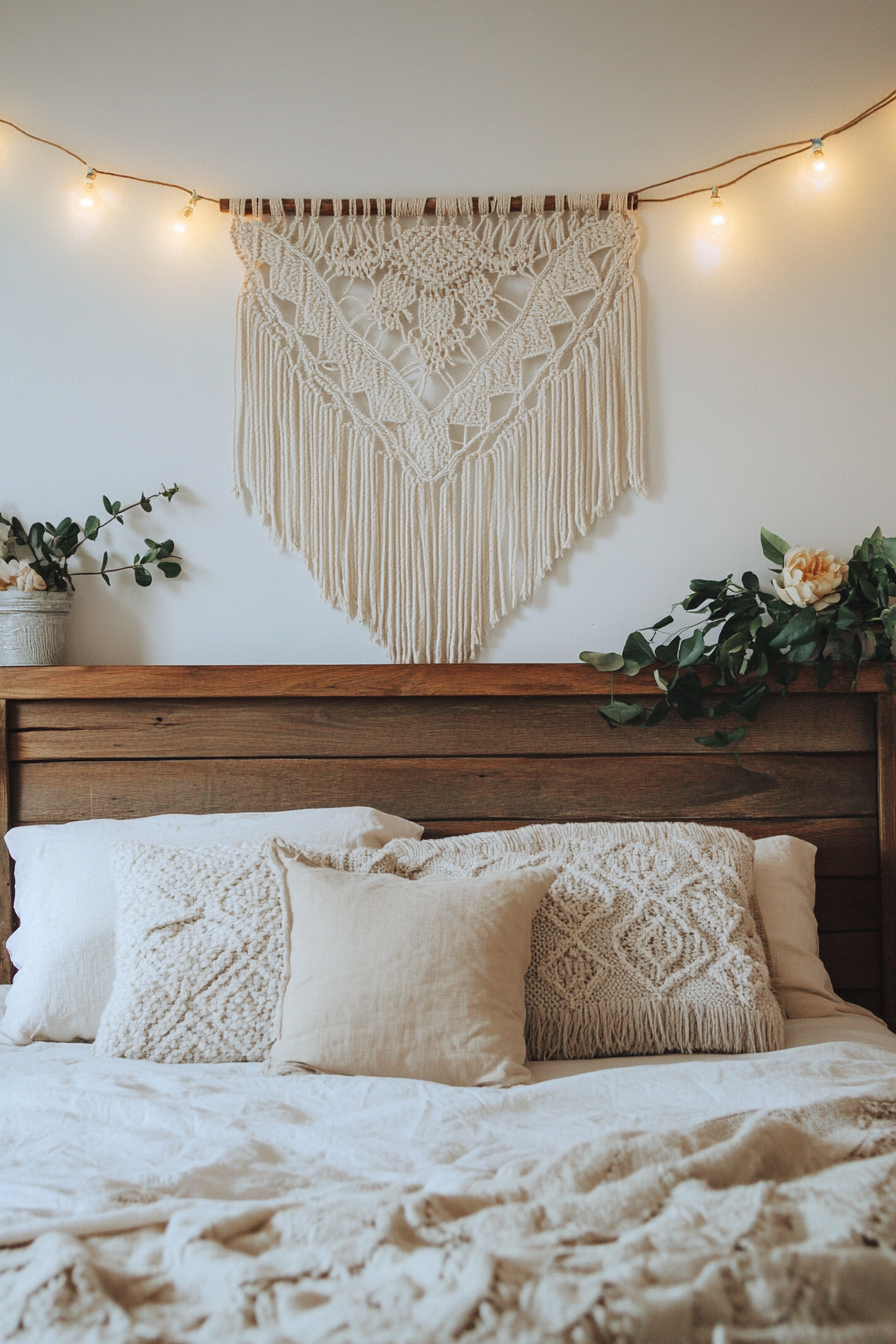 Boho bedroom makeover. Macrame wall hanging on a sunbleached wooden bedframe.