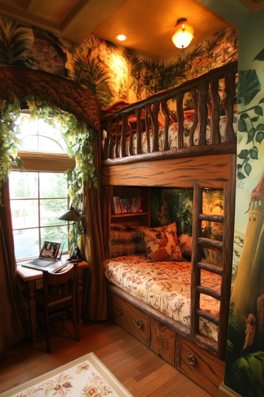 Bedroom design. Loft bed with mural-painted study area.