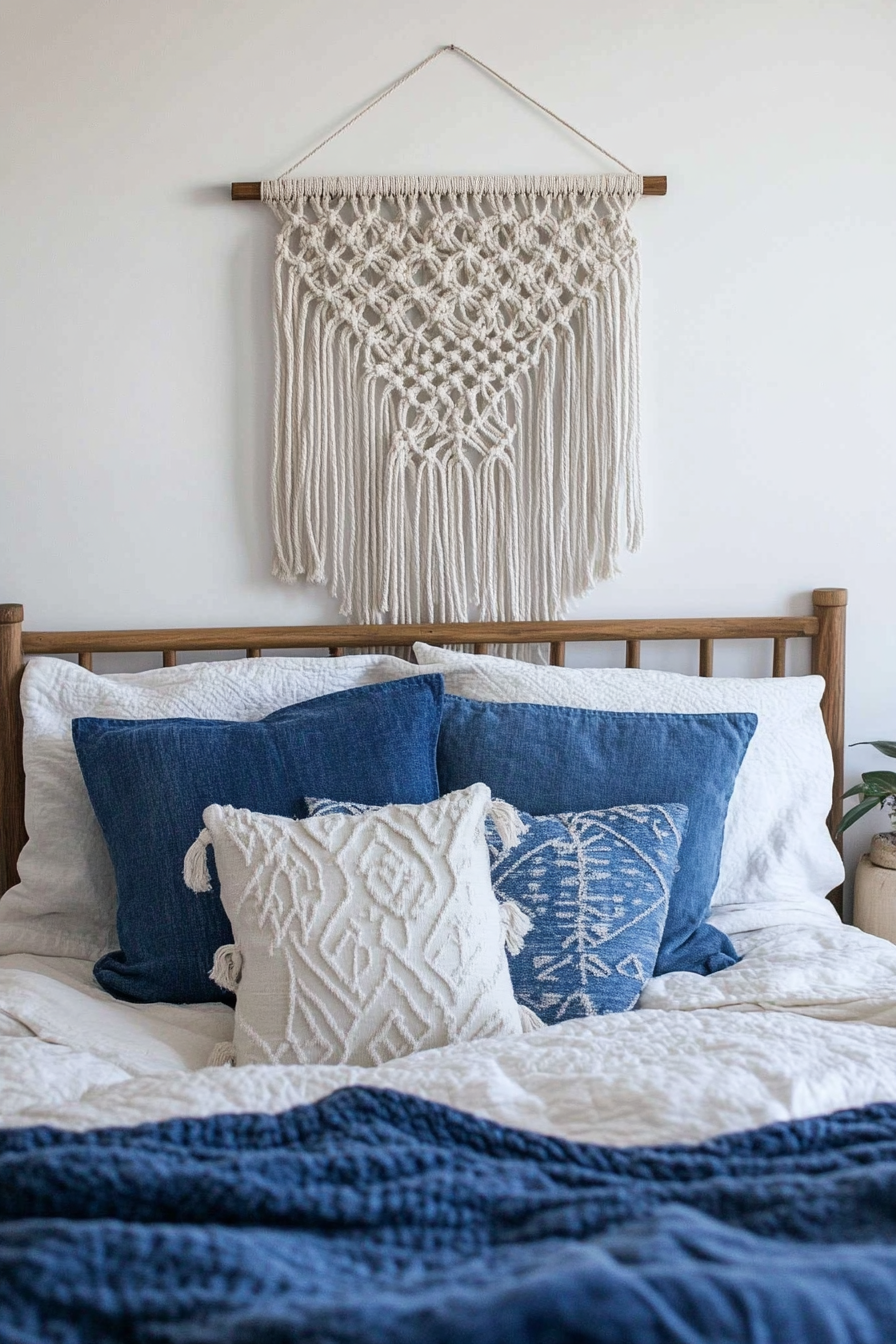 Teen Boho Bedroom Makeover. White macrame wall hanging and indigo-dyed pillows.