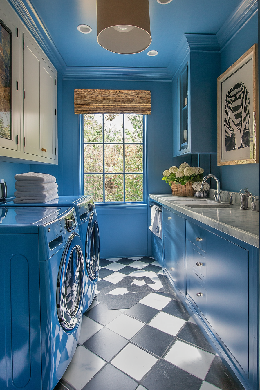 Vintage-Modern Laundry Room. Checkered floor, ultramarine washer and dryer.