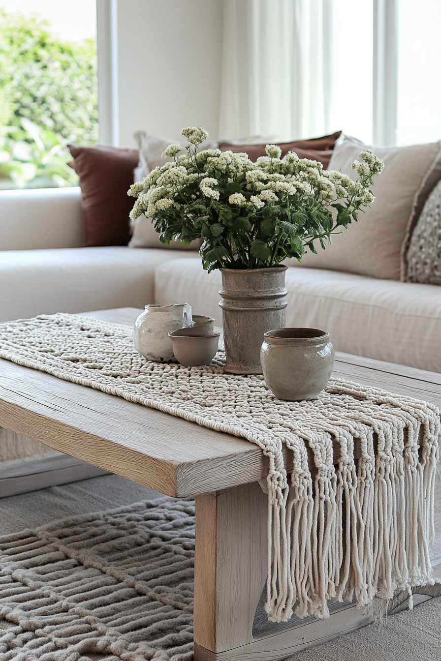 Living space. Whitewashed wooden coffee table with a macramé runner.