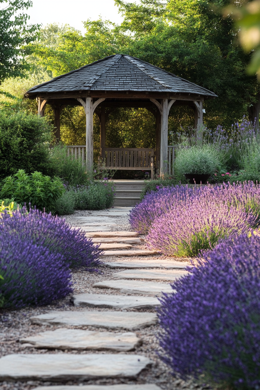 Backyard garden retreat. Stone path leading to a wooden gazebo surrounded by lavender bushes.