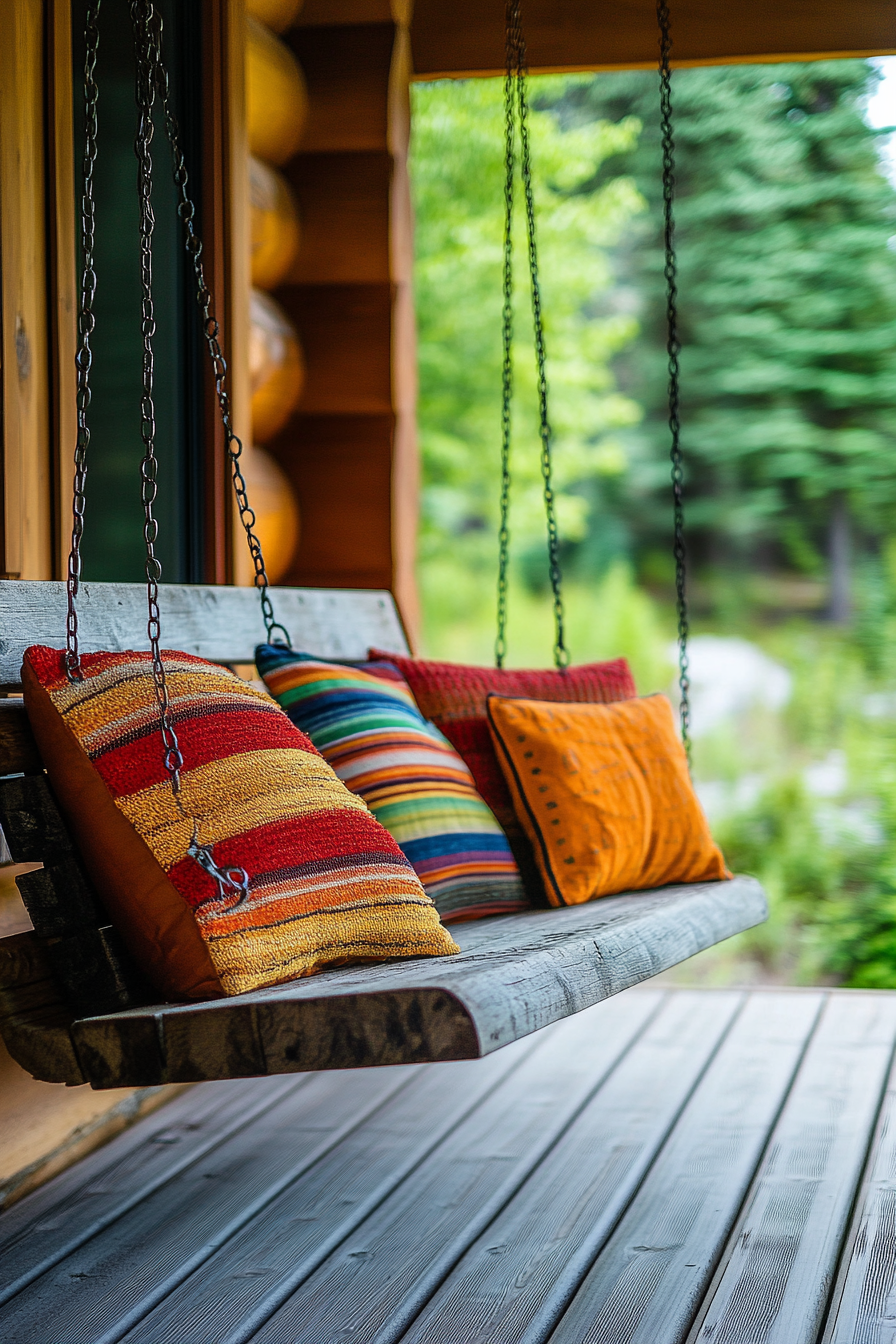 Front porch design. Wooden swing with colorful throw pillows.