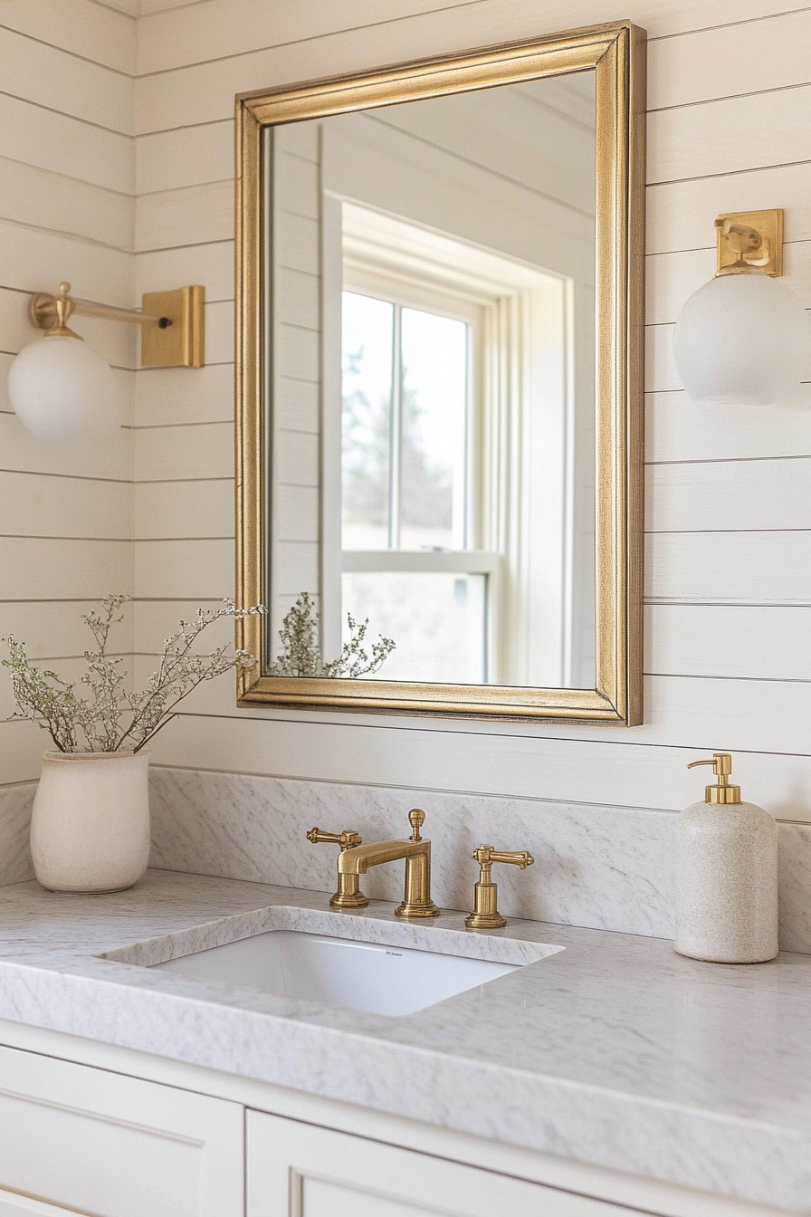 Glam-Rustic bathroom. A gold-accented mirror against a shiplap wall.