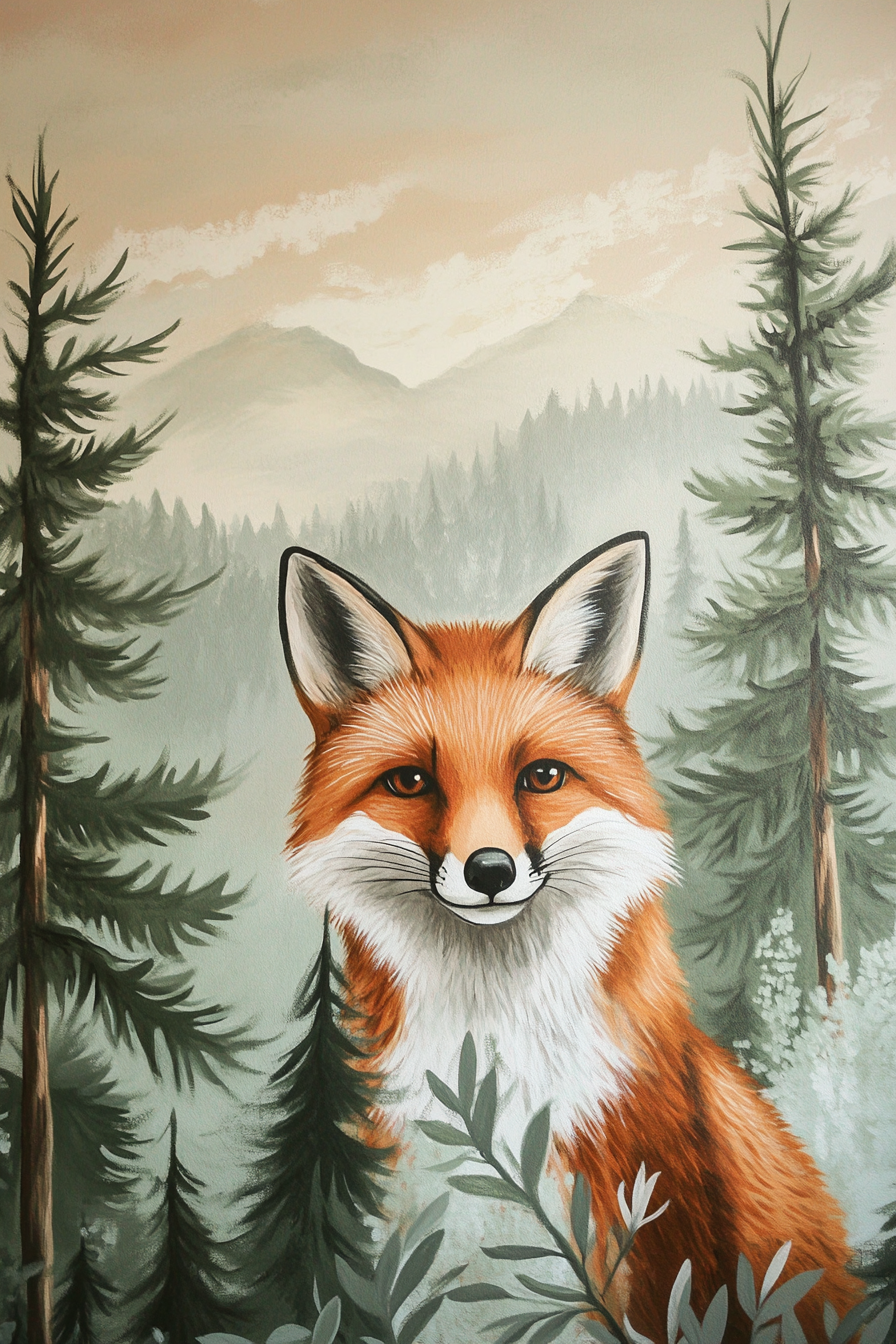 Woodland nursery. Forest mural with realistic pine trees and whimsical fox.