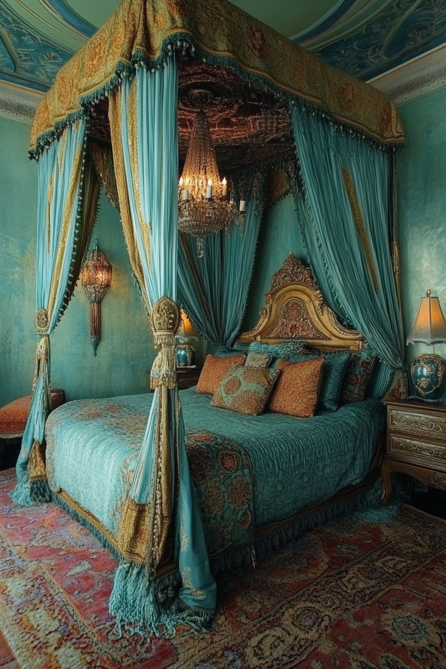 Bedroom design. Moroccan canopy bed with teal and gold accents.