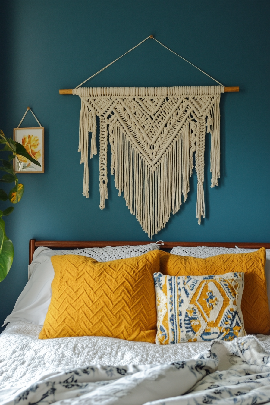 Teen boho bedroom makeover. Macrame wall hanging on peacock blue wall.