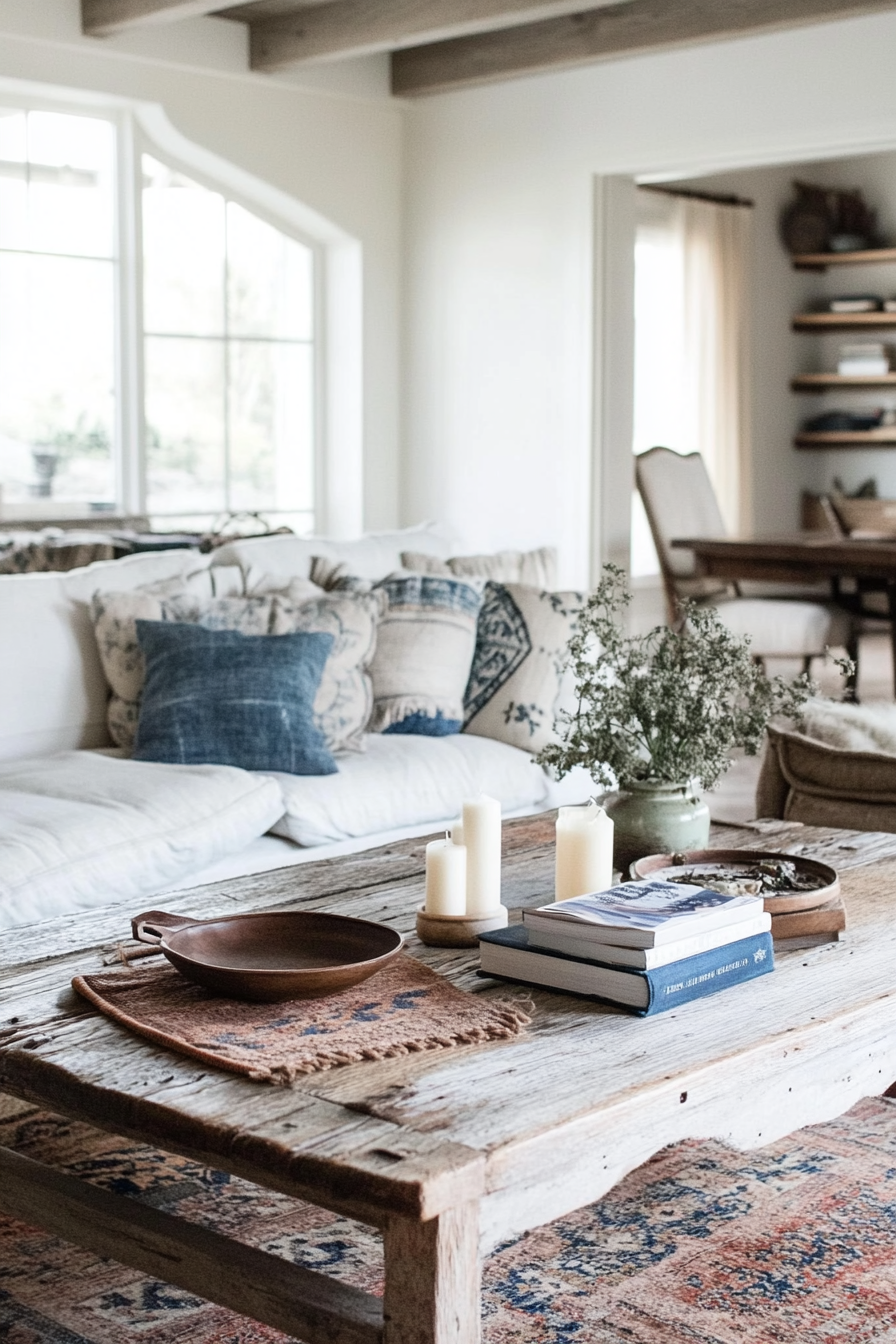 Boho-Farmhouse living space. Antique wood coffee table with numberless candle abode.