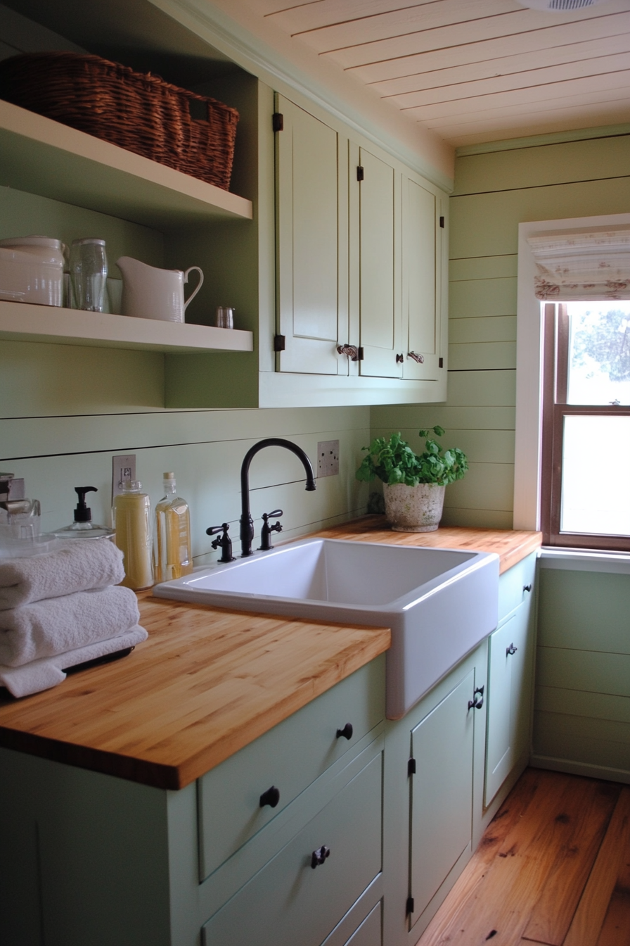 Vintage-modern laundry room. Mint-green cabinets with pine wood countertops.