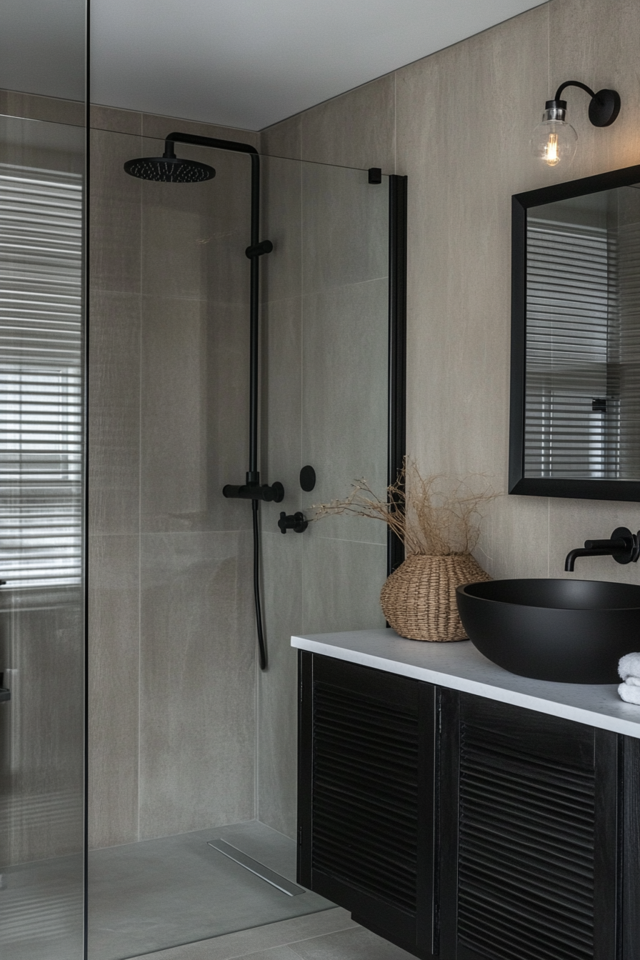 Modern bathroom update. Black matte rain shower behind clear frameless glass partition.