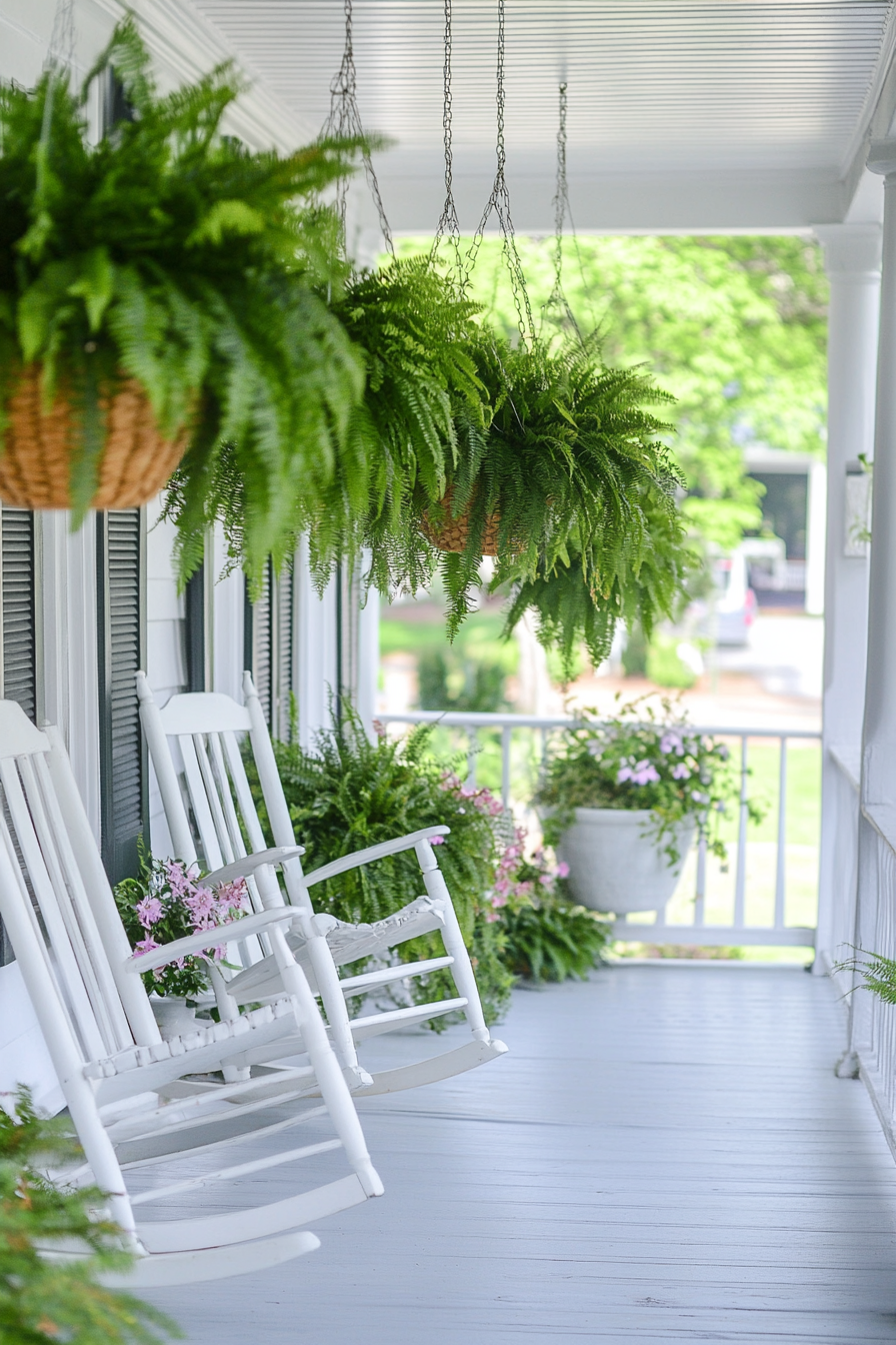 Front porch design. Hanging ferns with a white rocking chair.