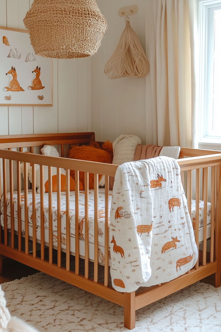 Woodland nursery. Oak crib with fox-patterned bedding.