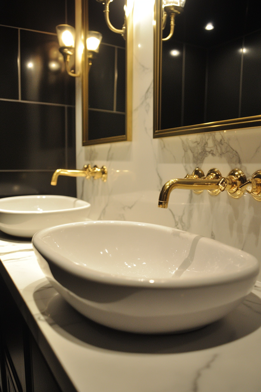 Modern bathroom update. marble countertop, brass fixtures.