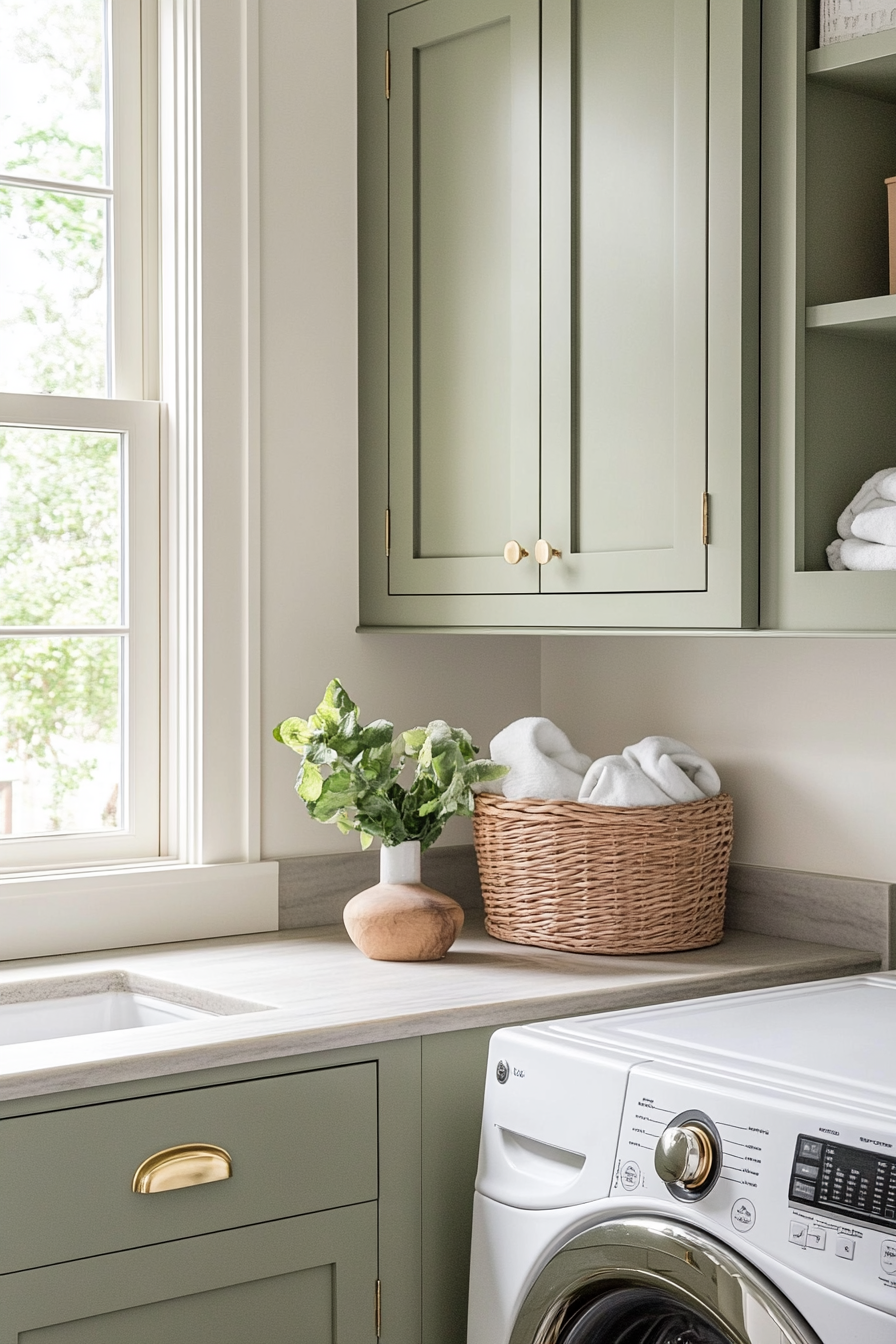 Vintage-Modern Laundry Room. Sage green cabinets with brass hardware.