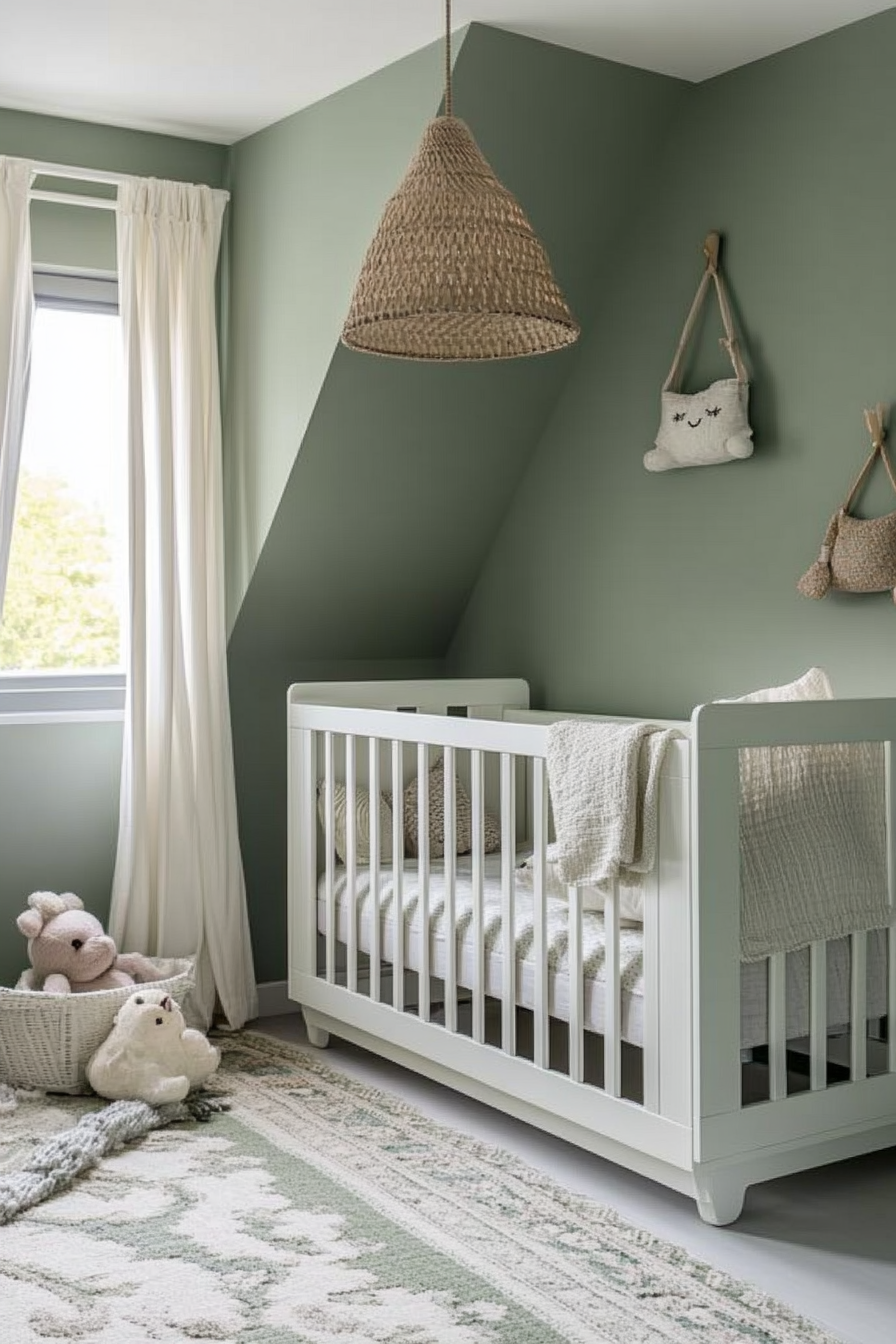 Contemporary baby room. Pale green walls with white wooden cot.