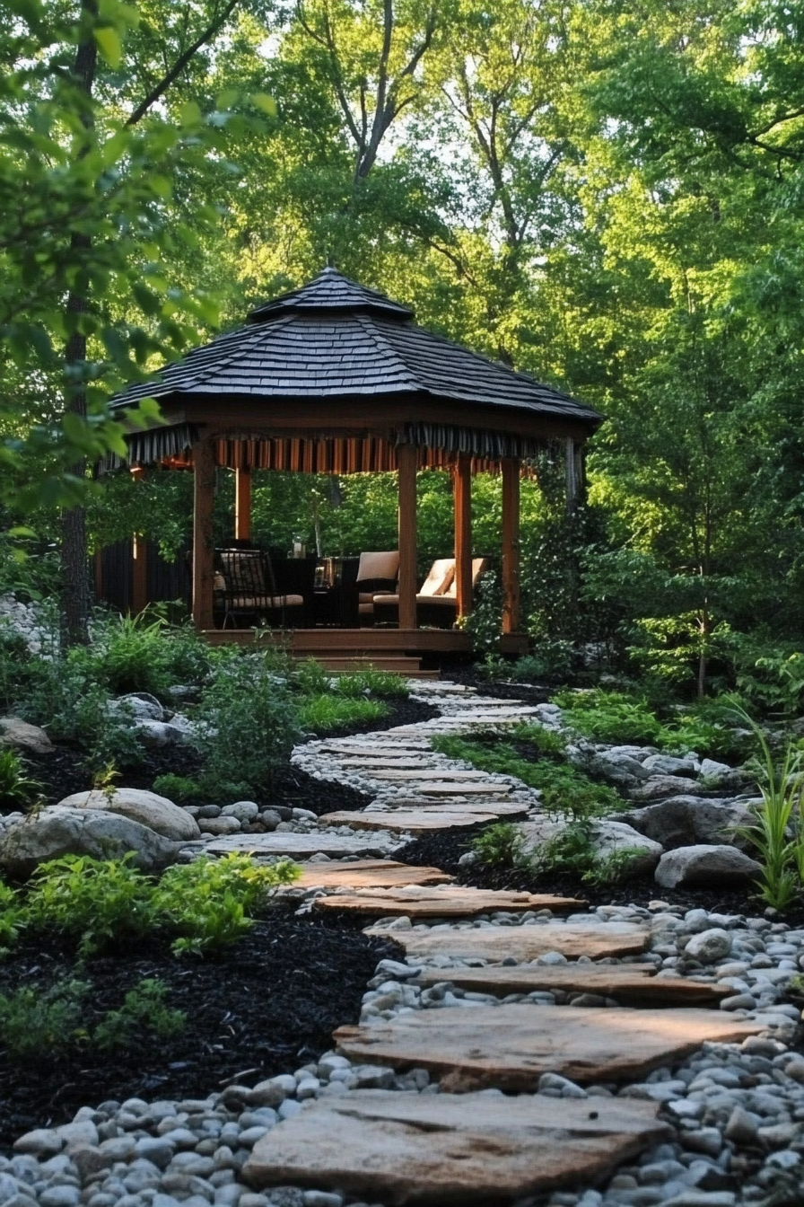 Backyard garden retreat. Distinctive rock path leading to a wood and fabric gazebo.