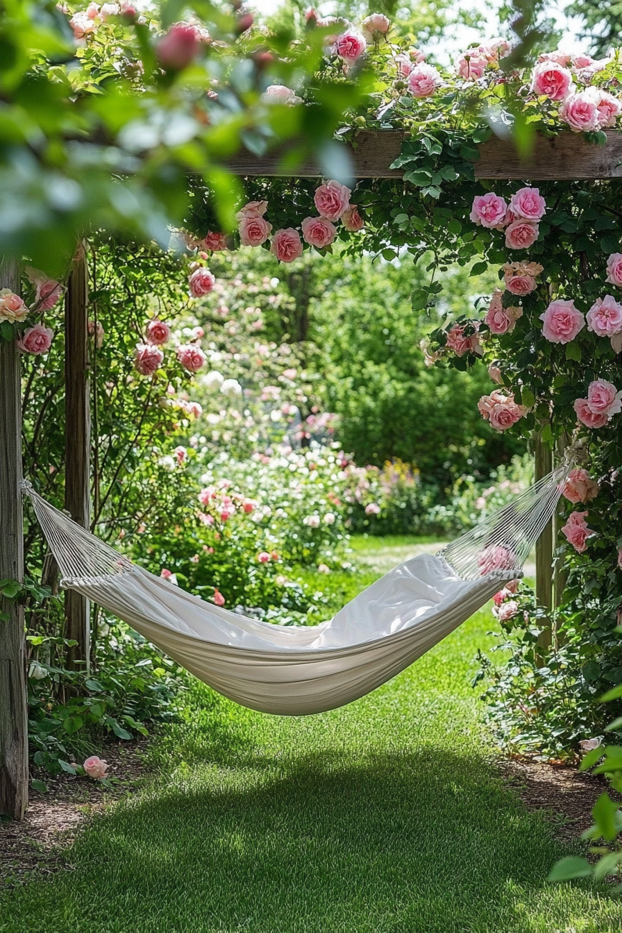 Backyard garden retreat. White hammock between two rose-covered trellises.