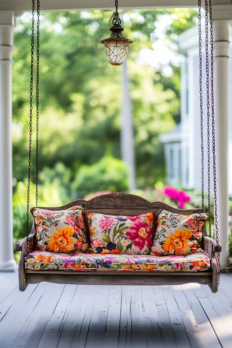 Front porch design. Antique wooden swing with multicolored floral cushions.