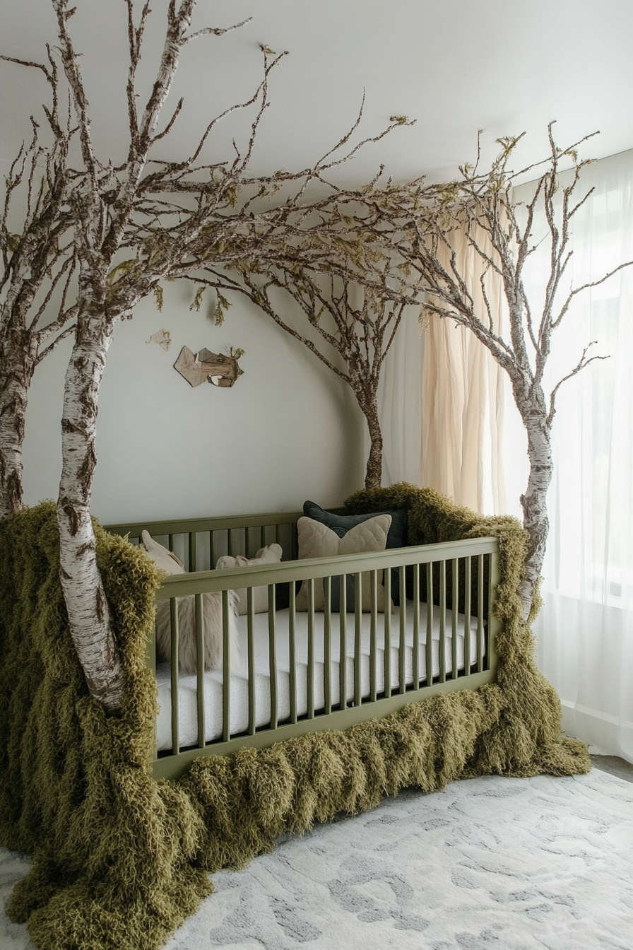 Woodland nursery. Moss green crib under a canopy of paper mache tree branches.