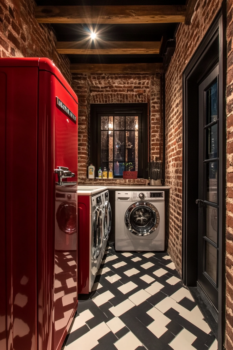 Vintage-modern laundry room. Checkerboard tile floor, retro-style appliances, exposed brick walls.