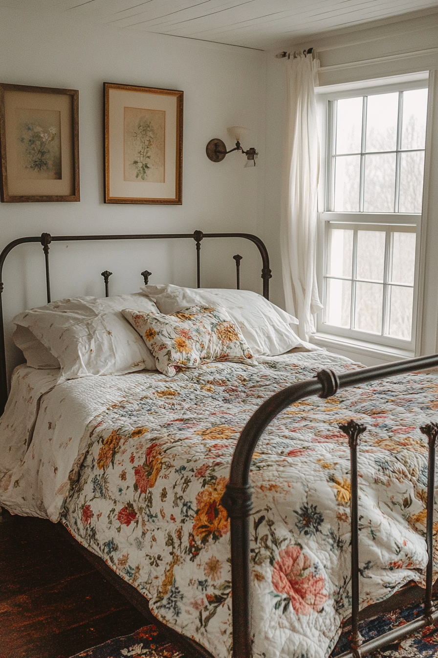 Cottagecore-Industrial Bedroom. Iron bed frame with floral quilt.