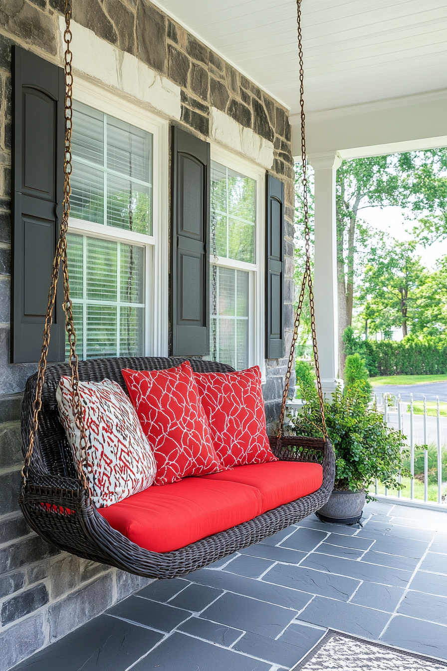 Front porch design. Swing chair with vibrant, red cushions.