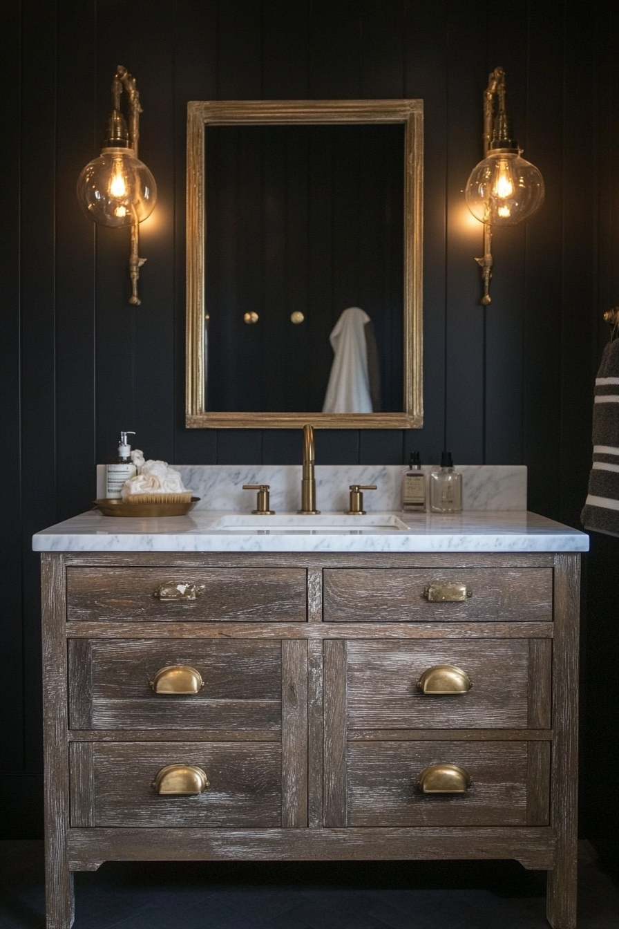 Glam-Rustic Bathroom. Distressed wooden vanity with marble countertop and brass fixtures.