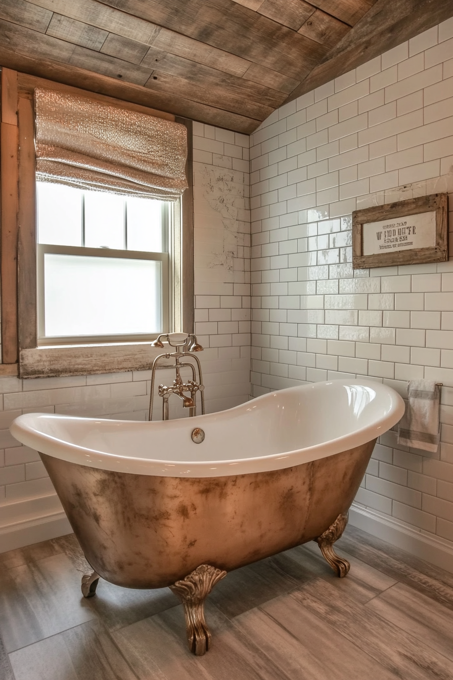 Glam-rustic bathroom. Rose gold clawfoot tub with reclaimed wood surrounding.