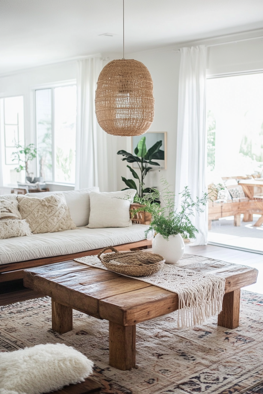 Living Space. Wooden coffee table adorned with macrame runner.