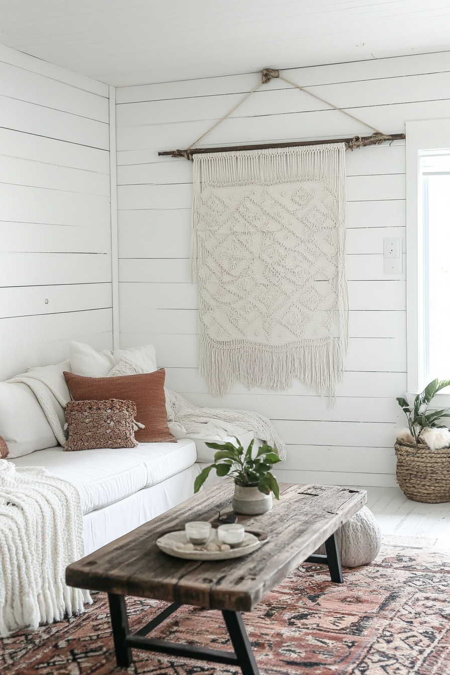 Living space. White shiplap walls with macrame wall hangings.