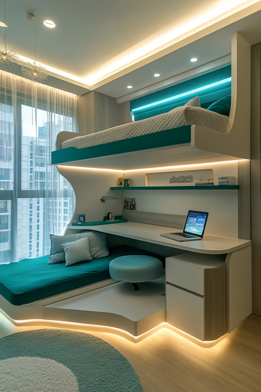 Bedroom design. Multilevel bed with integrated study desk and teal accents.