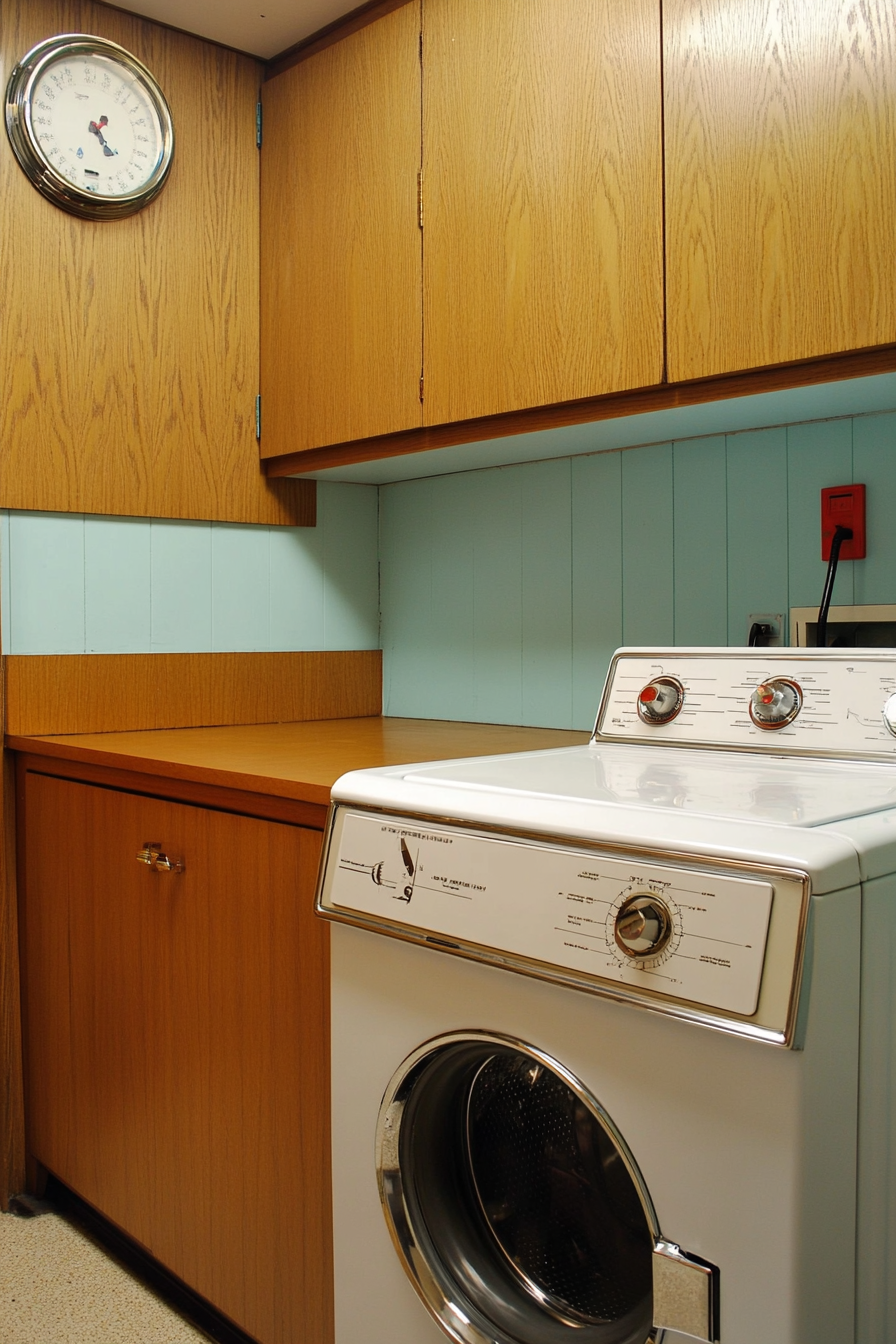 Vintage-Modern Laundry Room. Retro washing machine with oak utility cabinets.