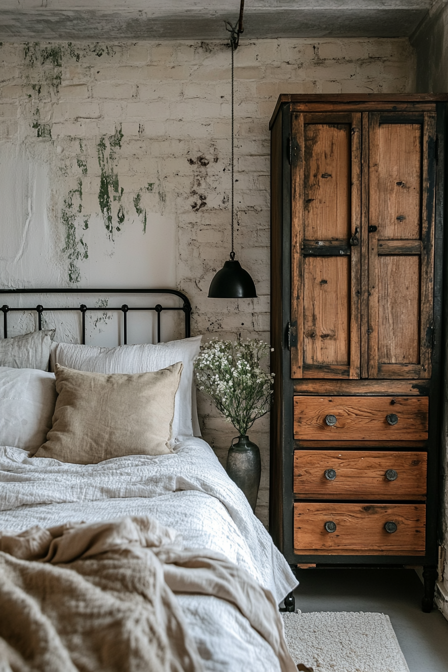 Cottagecore-industrial bedroom. Wooden furniture with iron detailing.